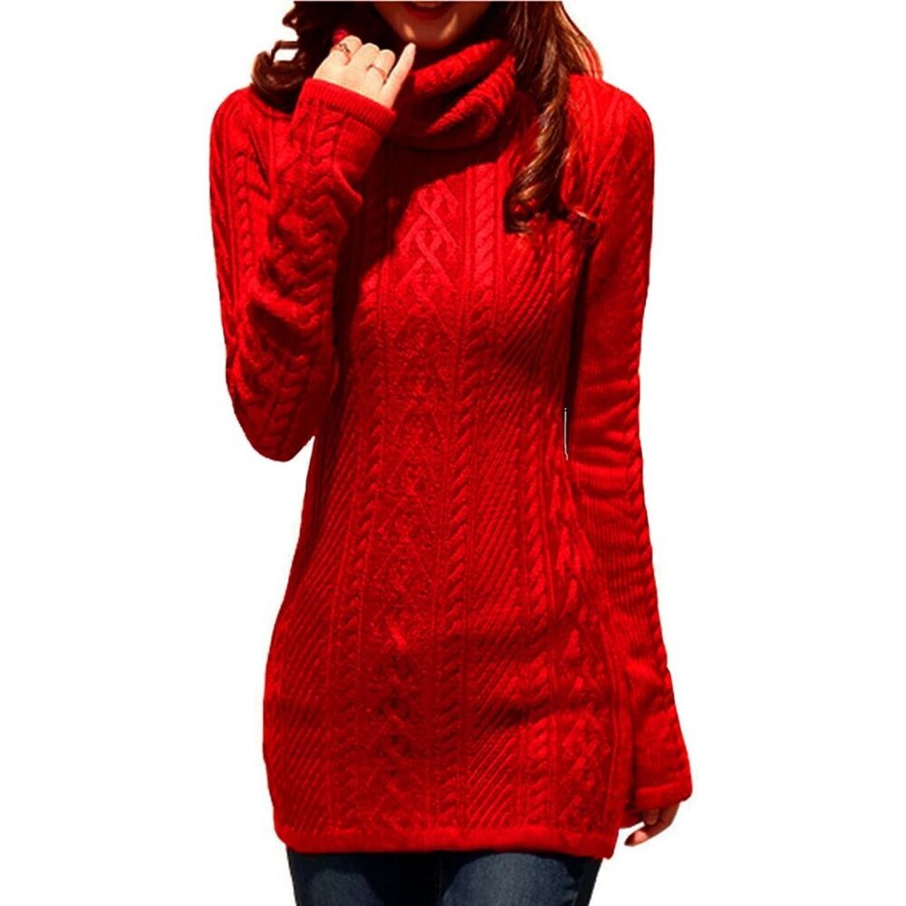 Women's Polo Neck Long Fitted Dress Bodycon Turtleneck Cable Knit Sweater Red - Picture 2 of 5